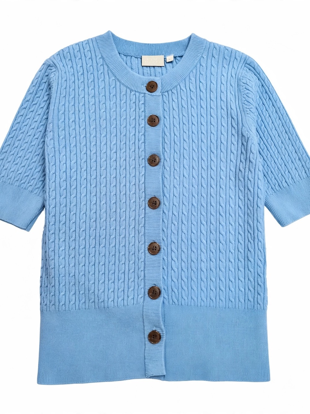 Varley Sky Blue Cable-Knit Short Sleeve Cardigan with Wood Buttons